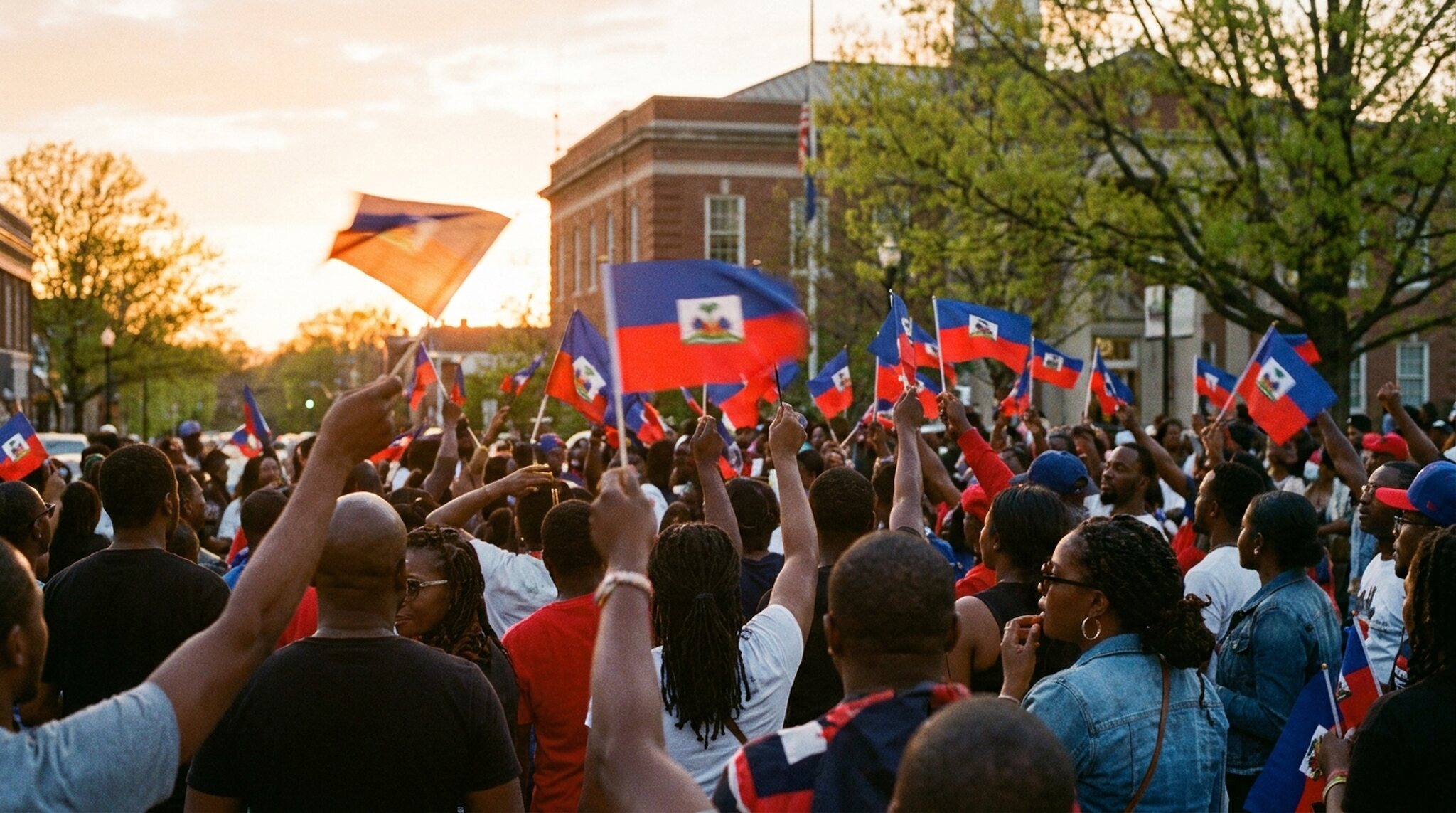 A crowd holding Haitian flags high at golden hour in a town square, seen from behind, with a brick municipal building and spring trees beyond.