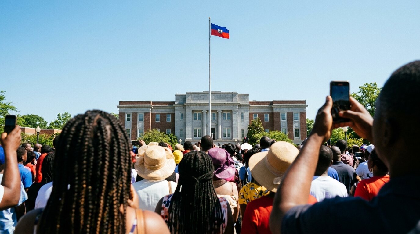 A crowd watching a Haitian flag rise on a tall flagpole in front of a county building on a bright morning, a few phones held up.