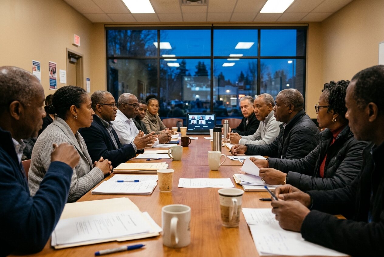 Adults seated around a long conference table at dusk with agendas and coffee, a laptop showing a video call at the far end.
