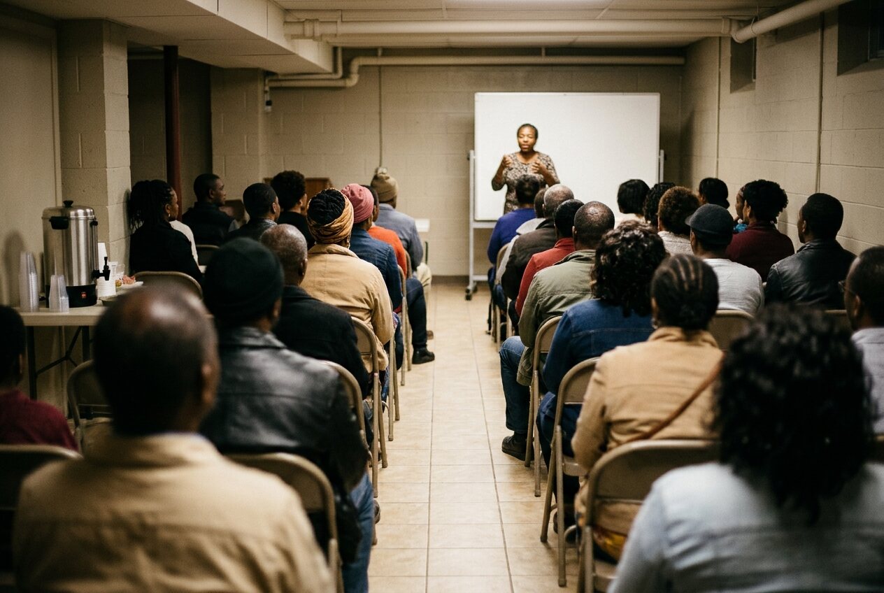 A speaker addressing rows of seated attendees in a church basement meeting room, seen from the back row.