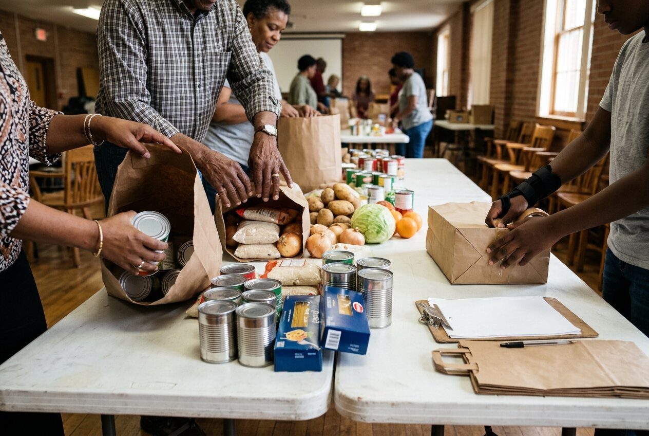 Volunteers' hands packing grocery bags with canned goods, rice and produce on folding tables in a church hall.
