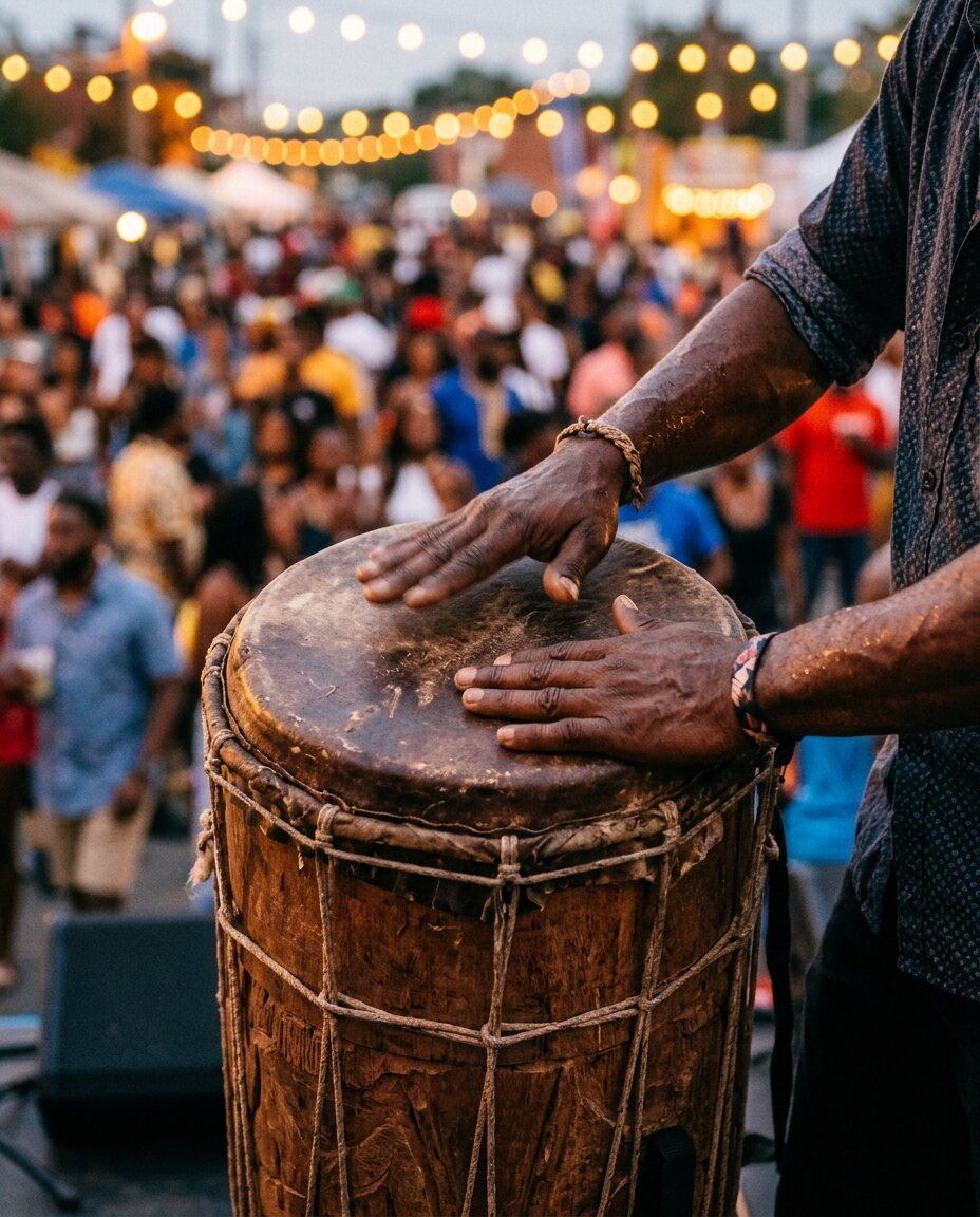 A drummer's hands on a tall tanbou drum at an outdoor evening festival with string lights and a crowd behind.