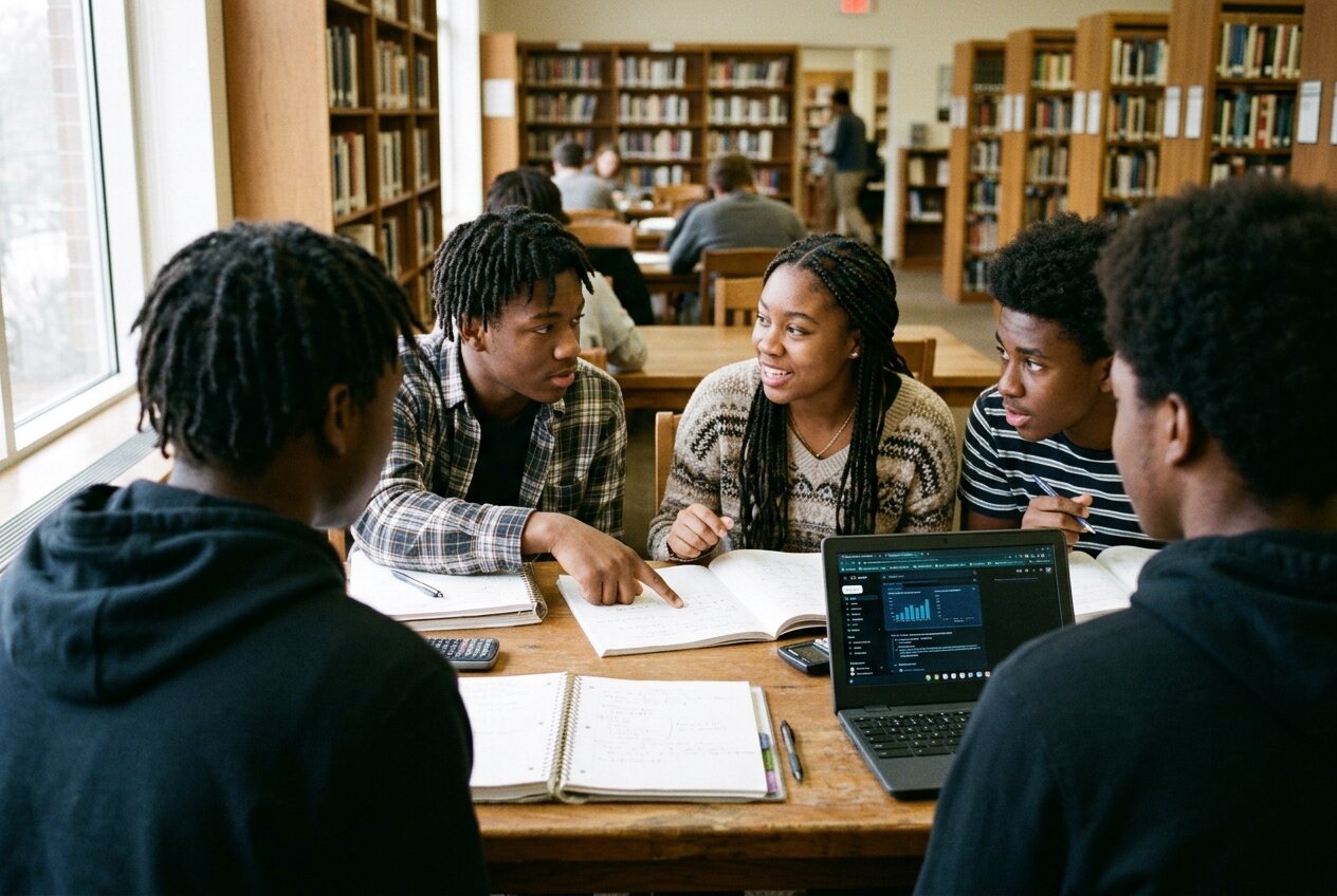 Four teenagers working together around a library table with notebooks and a laptop.